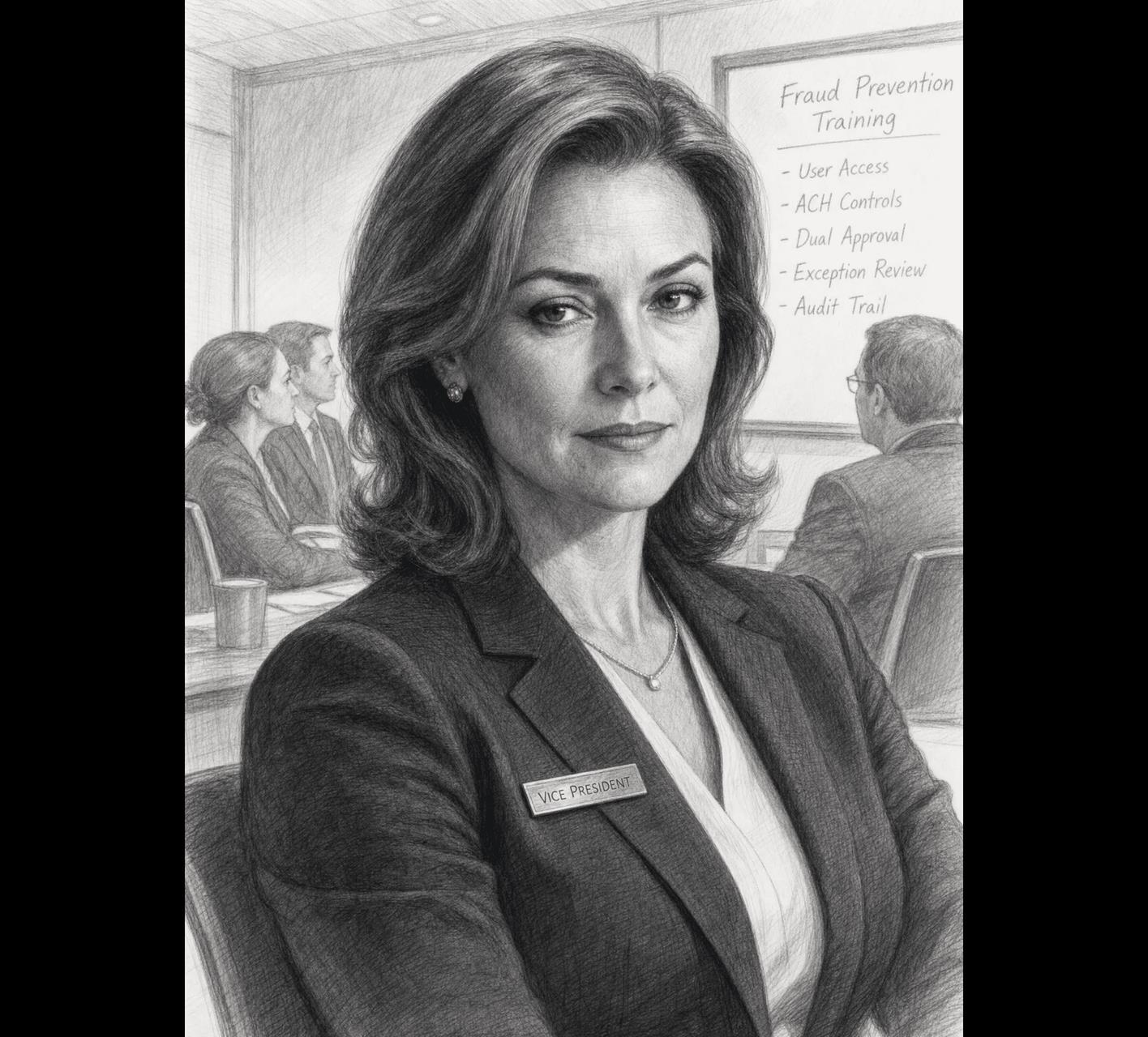 Sketch of a woman in a business suit with a vice president name tag in a fraud prevention training room.