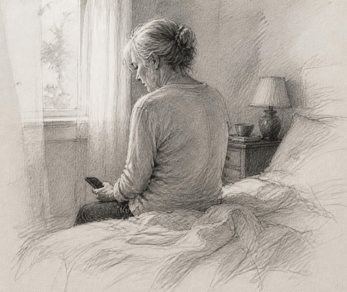 Sketch of a woman in bed looking at a smartphone showing a fake password expiration notice.