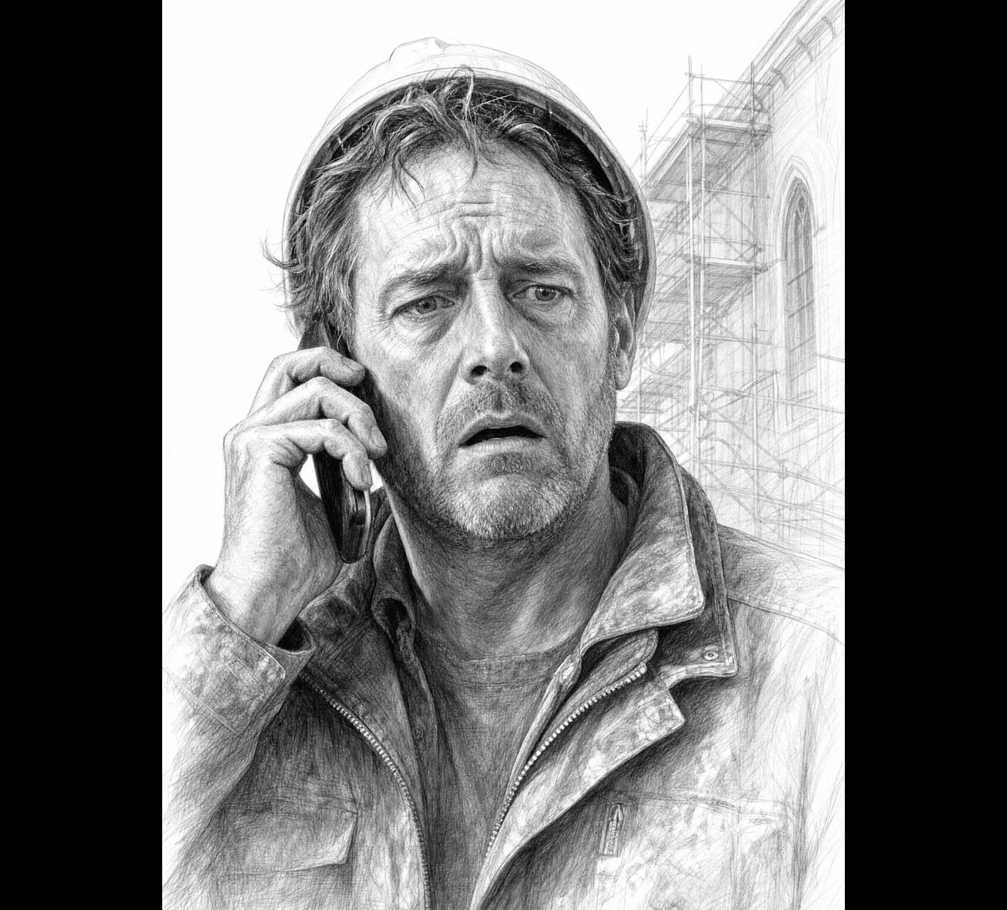 Pencil sketch of a distressed contractor in a hard hat talking on a mobile phone.