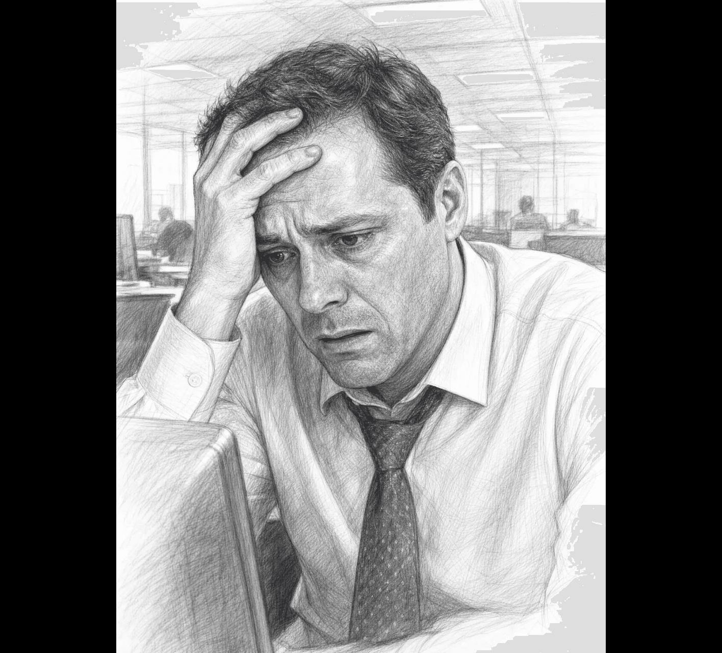 Pencil sketch of a stressed office worker at a desk with his hand on his forehead.