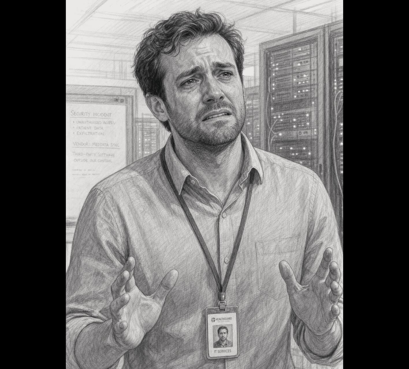 Pencil sketch of a distressed IT professional standing in a server room.