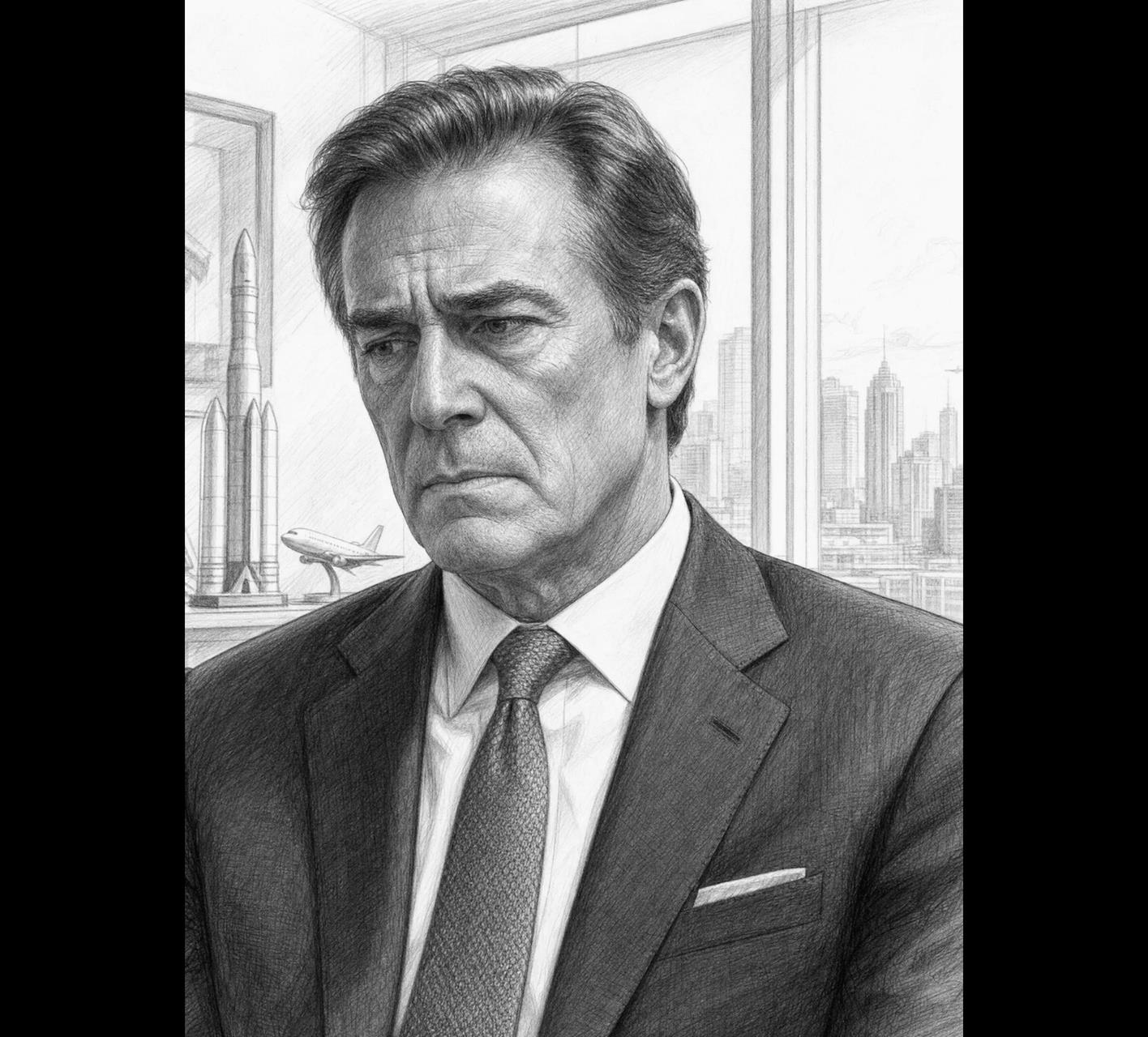 Pencil sketch portrait of a somber man in a suit standing in an office.
