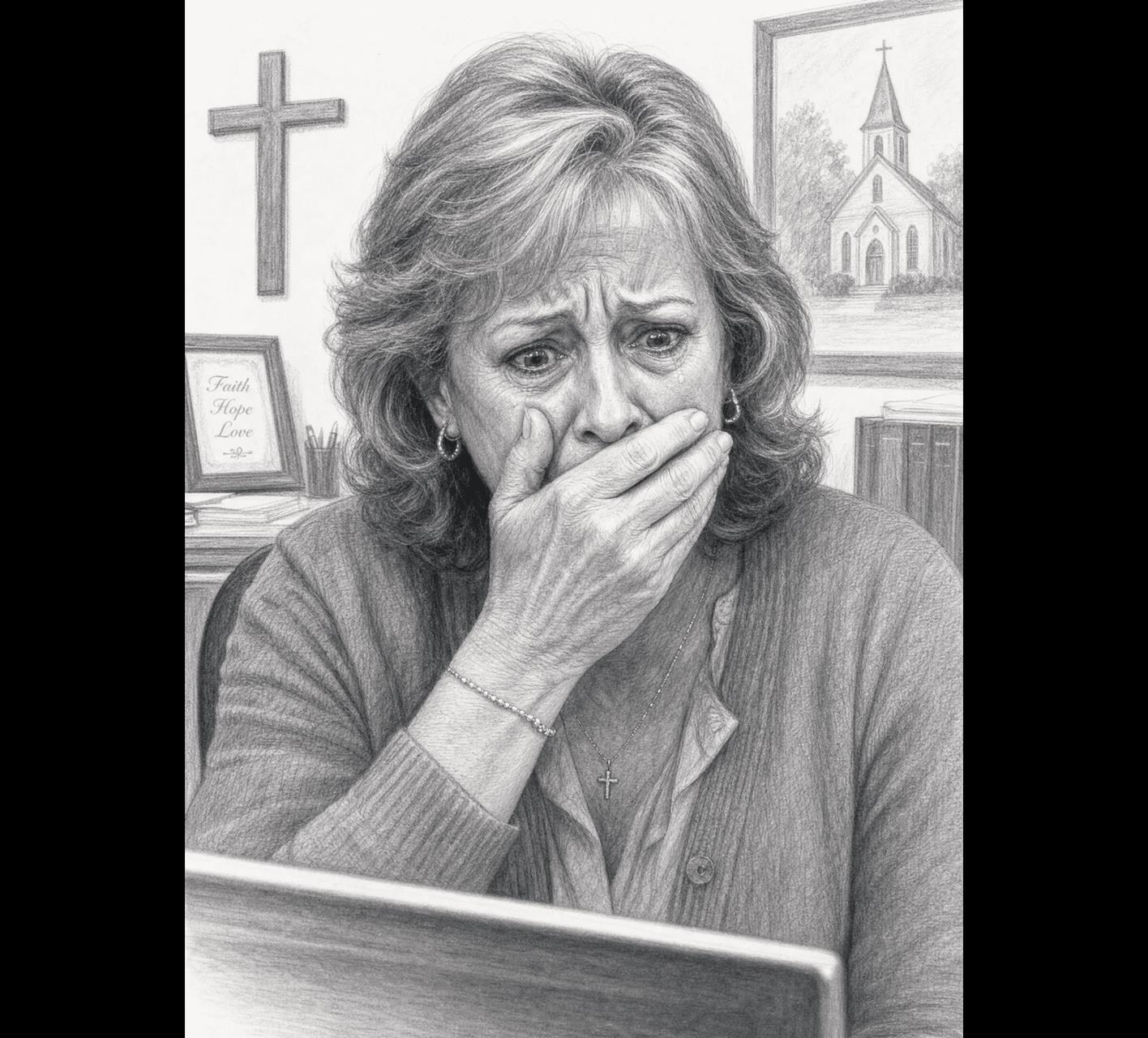 Pencil drawing of a distressed woman looking at a computer screen with a cross on the wall behind her.