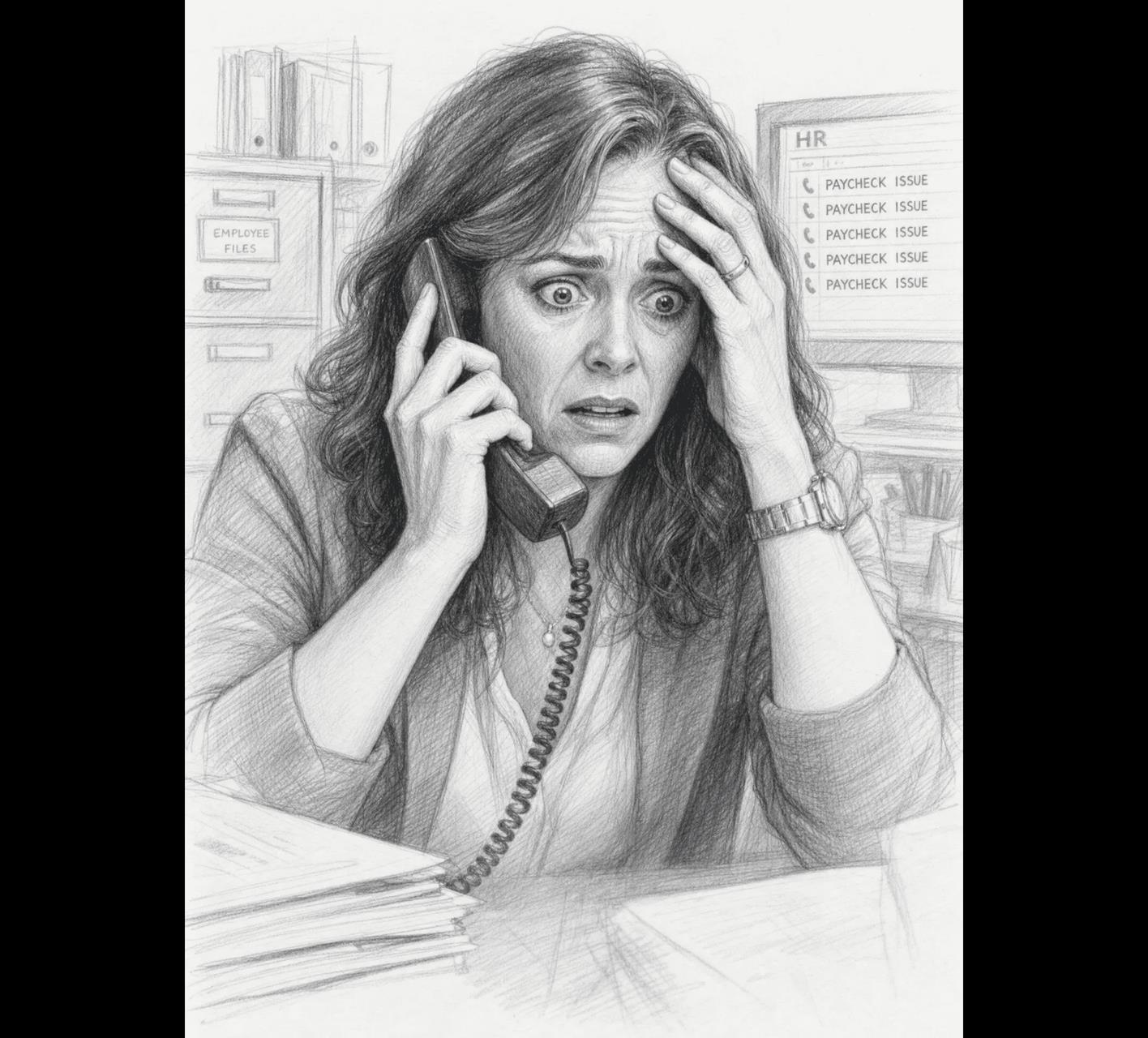 Pencil drawing of a distressed woman in an office talking on the phone beside a screen of paycheck issue alerts.