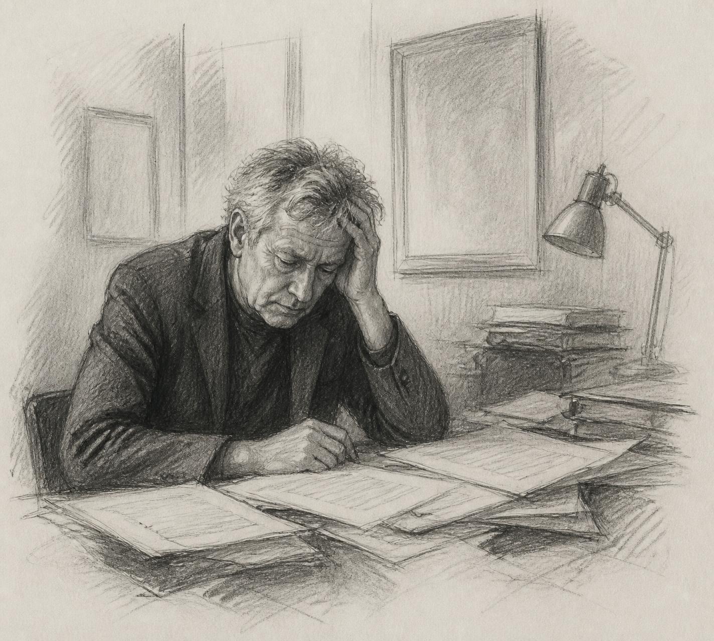 Sketch of a man reviewing multiple bank statements with theater posters behind him.