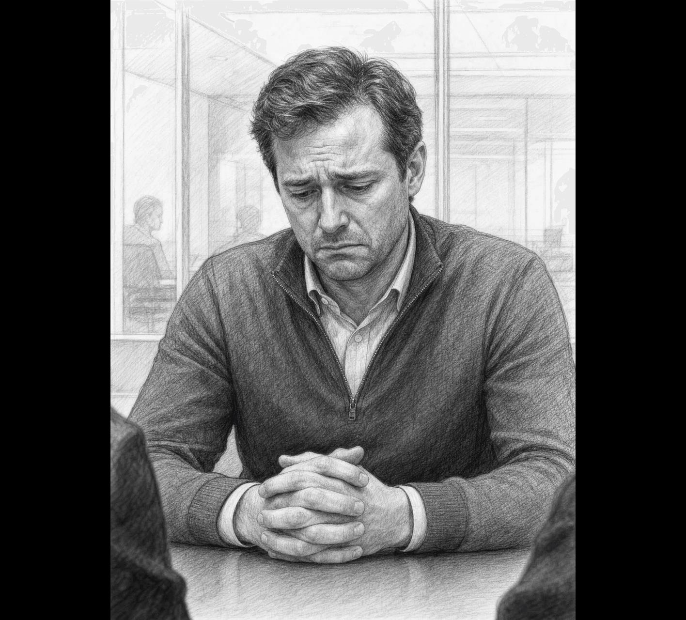 Pencil sketch of a man sitting at a table looking distressed with his hands clasped.